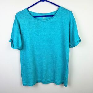 J.Crew 100% Linen Tee Shirt Turquoise Blue Short Cuffed Sleeves Breathable Top S